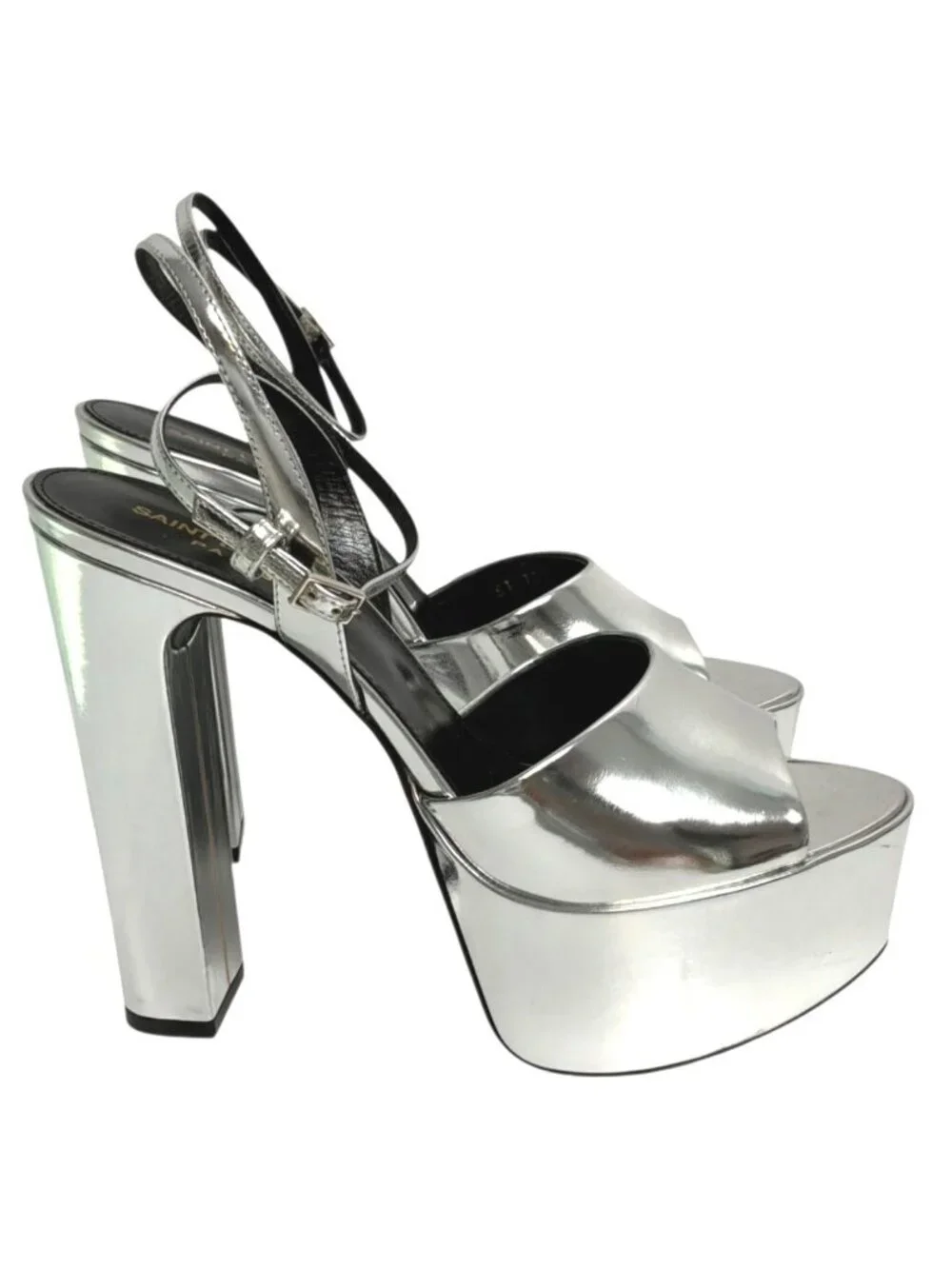 SAINT LAURENT Metallic Silver Leather "Jodie" Platform Open Toe Sandals sz 38.5 - Picture 4 of 10